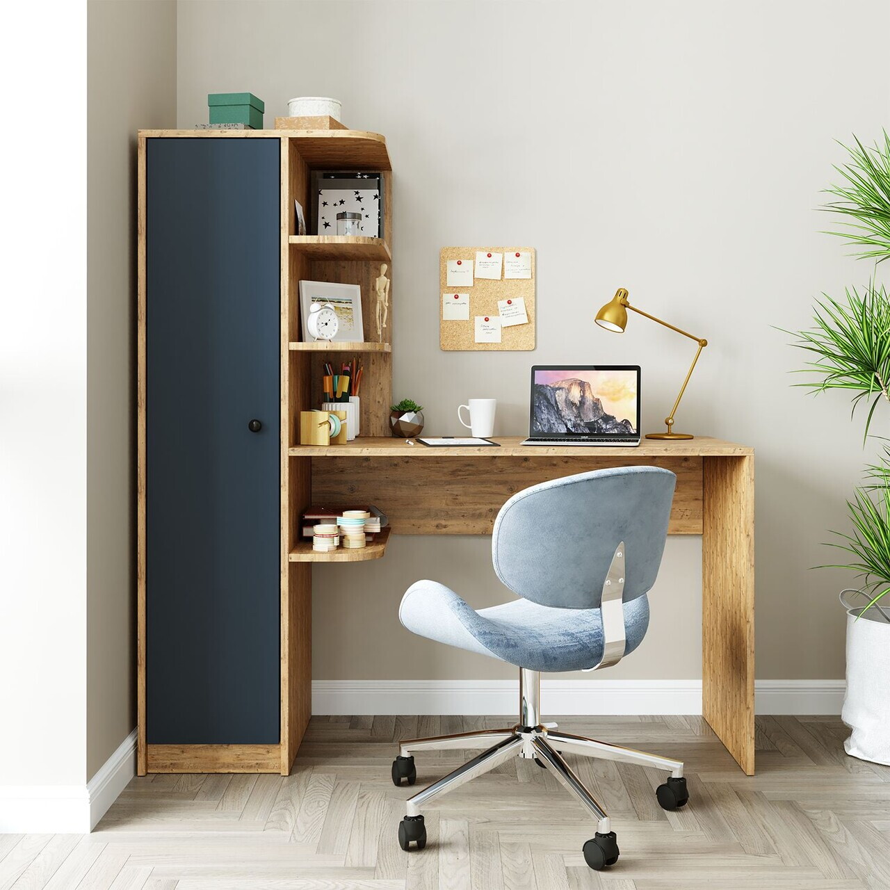 Set birou si biblioteca, Hanah Home, 2076, 143.2x143.2x50 cm, PAL MELAMINAT, Pin Atlantic / Antracit