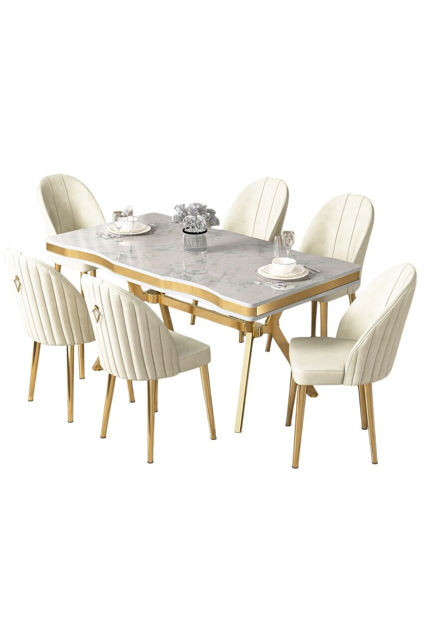 Set masa si scaune (7 piese), Hanah Home, Pem, Model de marmură albă / Auriu / Crem — imaginea 2