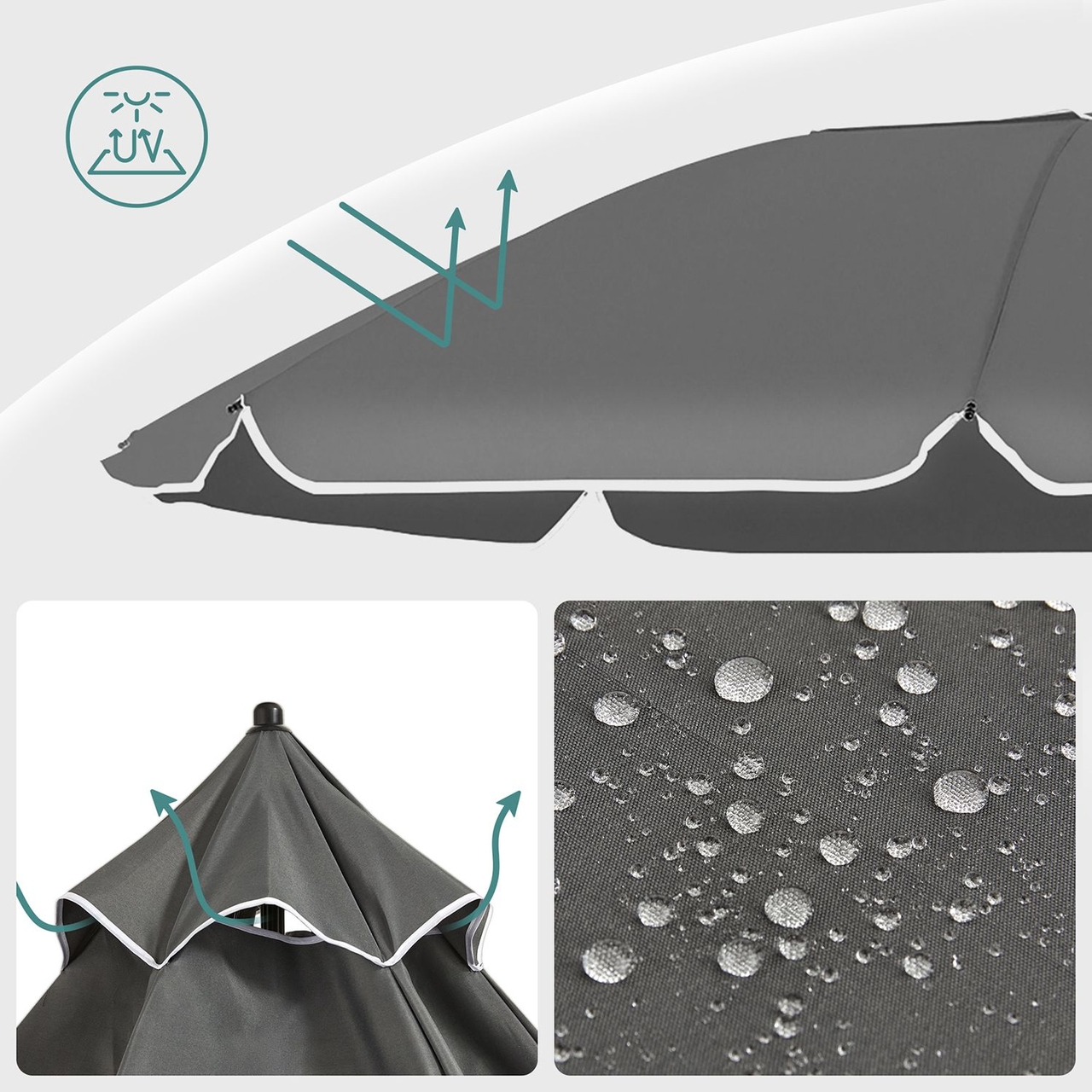 Umbrela pentru terasa, gradina, plaja, Songmics, D160 cm,  protectie solara UPF 50+, gri