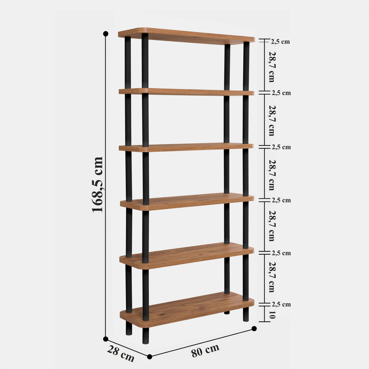 Corp biblioteca, Dora, Gala, 80x168.5x28 cm, Negru / Pin Atlantic
