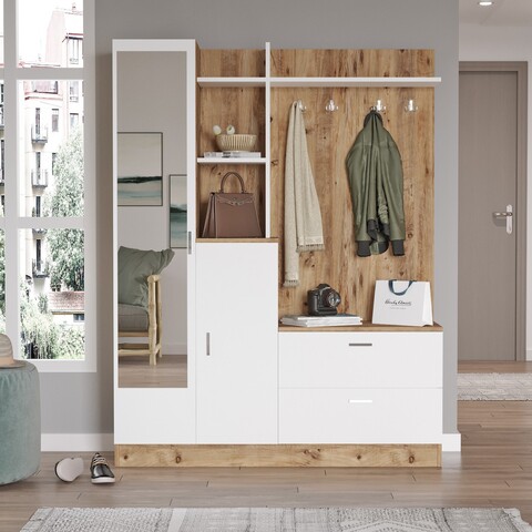Dulap cu pantofar, cuier si oglinda dd5-aw, locelso, 140x36.8x181.8 cm, pal, natural/alb