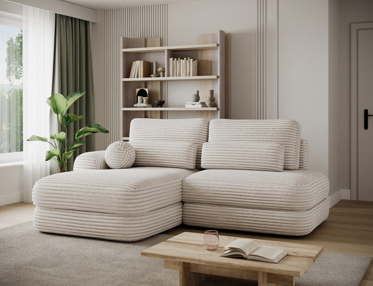 Coltar extensibil stanga 3 locuri ELTAP, Ripeli, 217x175x96 cm, lemn/catifea din poliester, bej deschis — imaginea 2