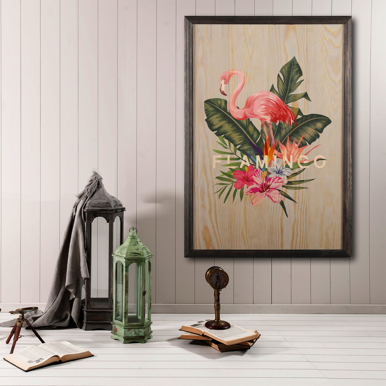 Tablou decorativ, Flamingo XL, Lemn, Lemn, Multicolor