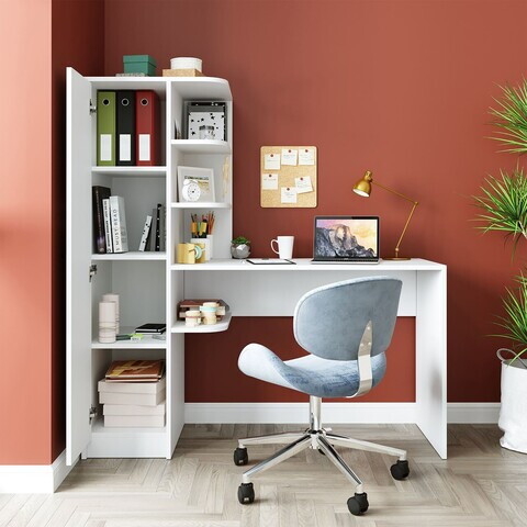 Set birou si biblioteca, Hanah Home, 2129, 143.2x143.2x50 cm, PAL MELAMINAT, Alb