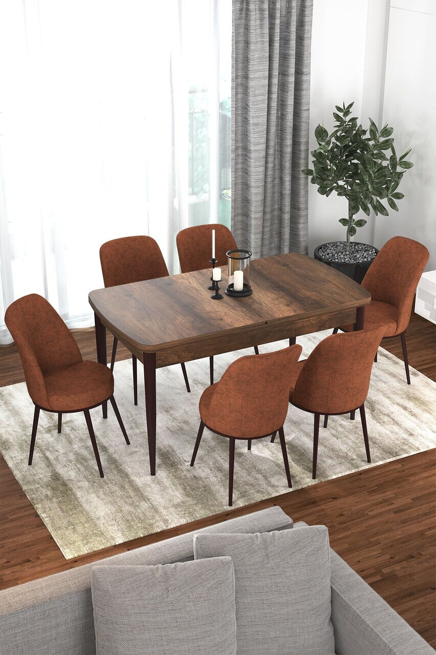 Set masa extensibila si scaune (7 piese), Hanah Home, Via, Model baroc din lemn / Teracotă