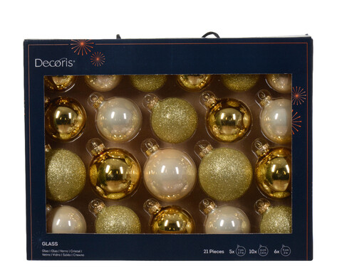 Cutie cu 21 globuri asortate Baubles, Decoris, Ø7 cm/Ø6 cm/Ø5 cm, sticla, auriu