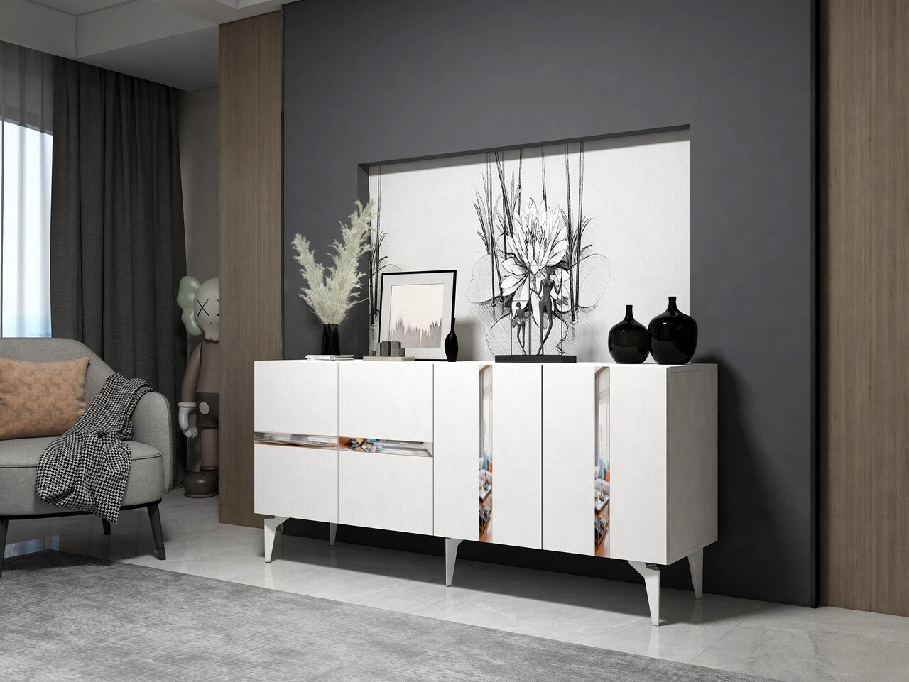 Consola, Olivia, Vania, 150x40x79 cm, PAL , Alb / Argintiu - 1 | YEO