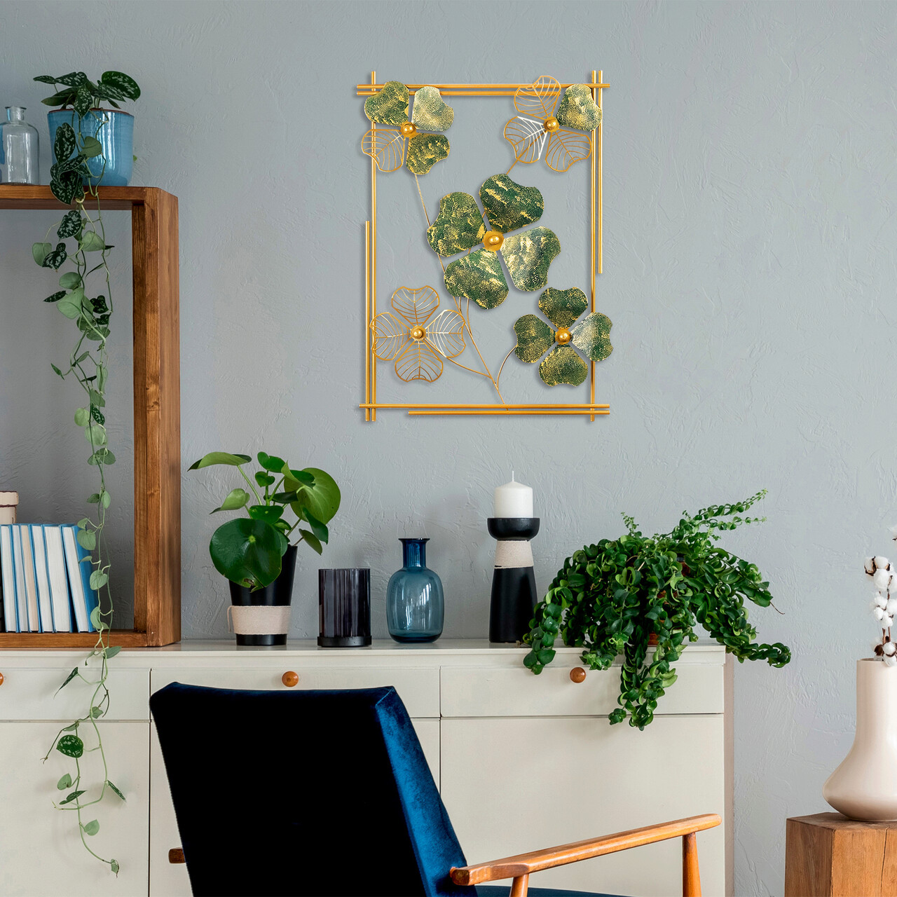 Decoratiune de perete, Zouping, Metal, Dimensiune: 50 x 70 x 5 cm, Verde / Aur