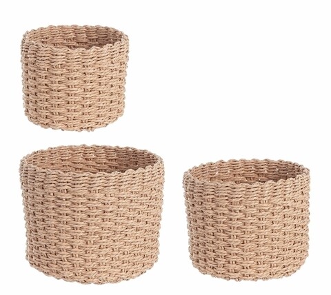Set 3 cosuri pentru depozitare, beige round, hartie impletita