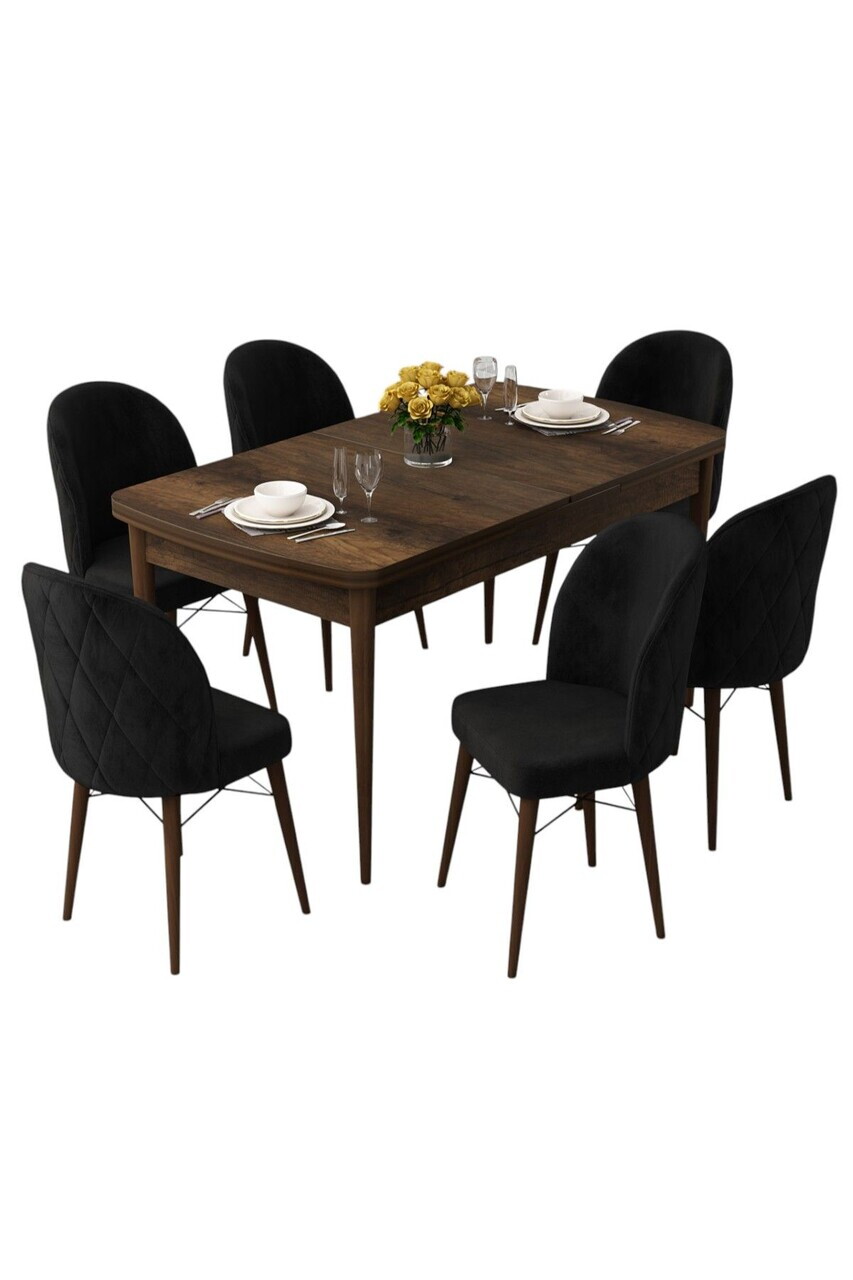 Set masa extensibila si scaune (7 piese), Hanah Home, Rut, Model baroc din lemn / Negru — imaginea 2