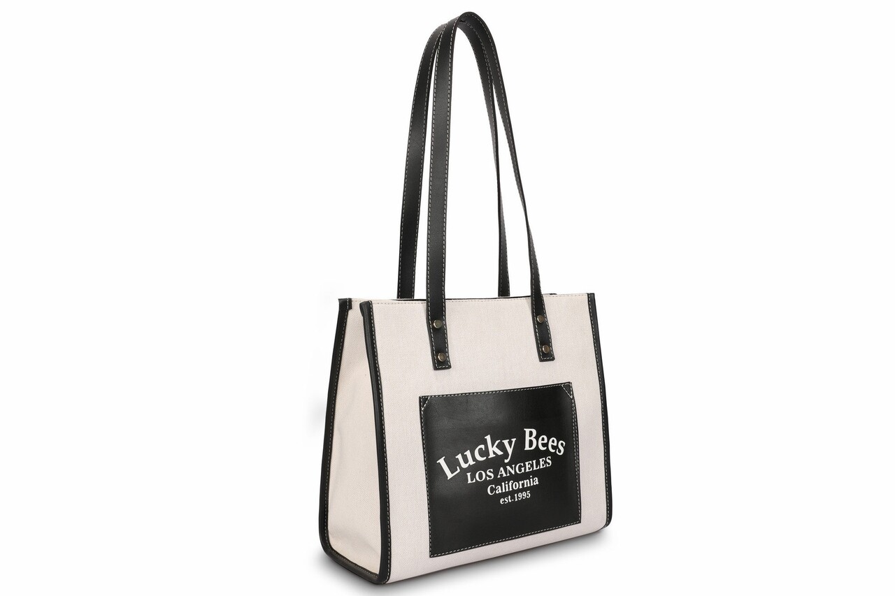 Geanta, Lucky Bees, 376 Black Cream, piele ecologica, crem/negru