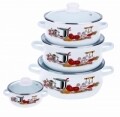 Set de gatit 8 piese, Kitchen, Vanora Home, 0.5l, 1.5l, 2l, 3l, otel carbon emailat si sticla, multicolor