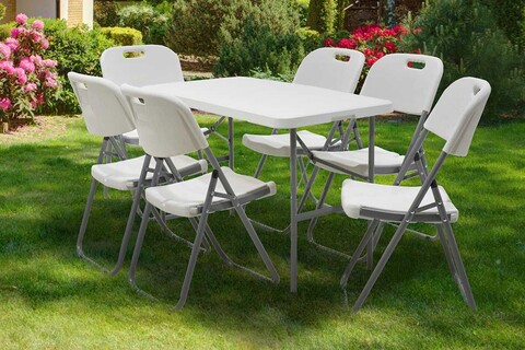 Masa pliabila pentru picnic si gradina Rodeo, Pakoworld, 122x60x74 cm, polietilena HDPE/metal, alb/gri
