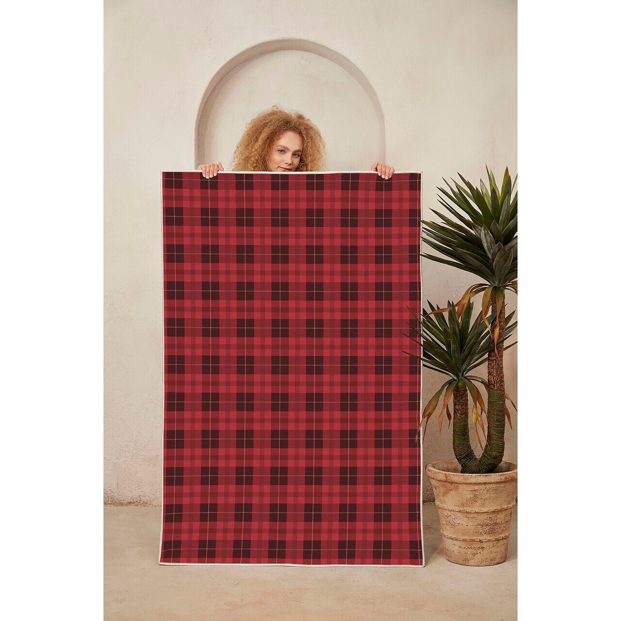 Covor, Woopamuk439, 80x120 cm, Bumbac/Poliester, Negru/Rosu - view 3