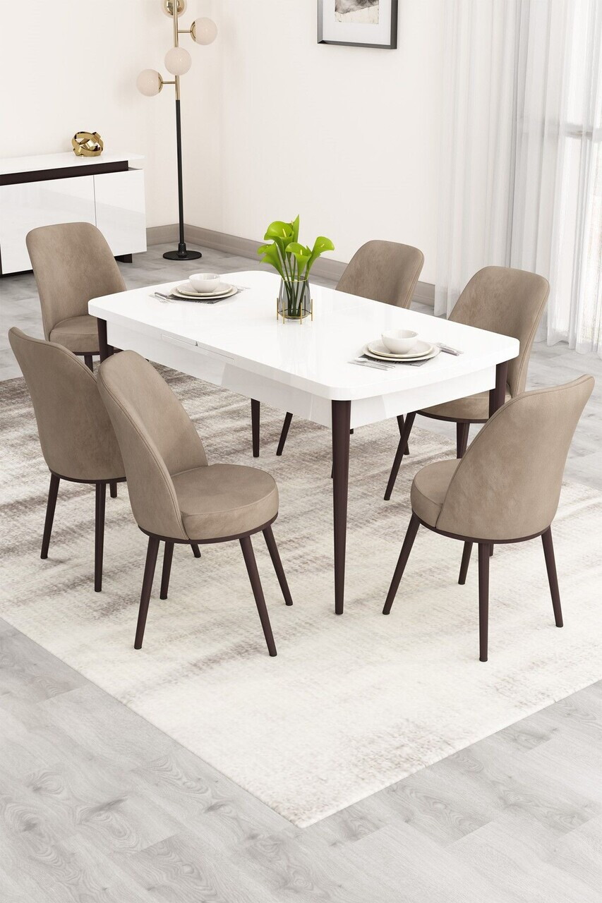 Set masa extensibila si scaune (7 piese), Hanah Home, Nix, Alb / Maro / Cappuccino