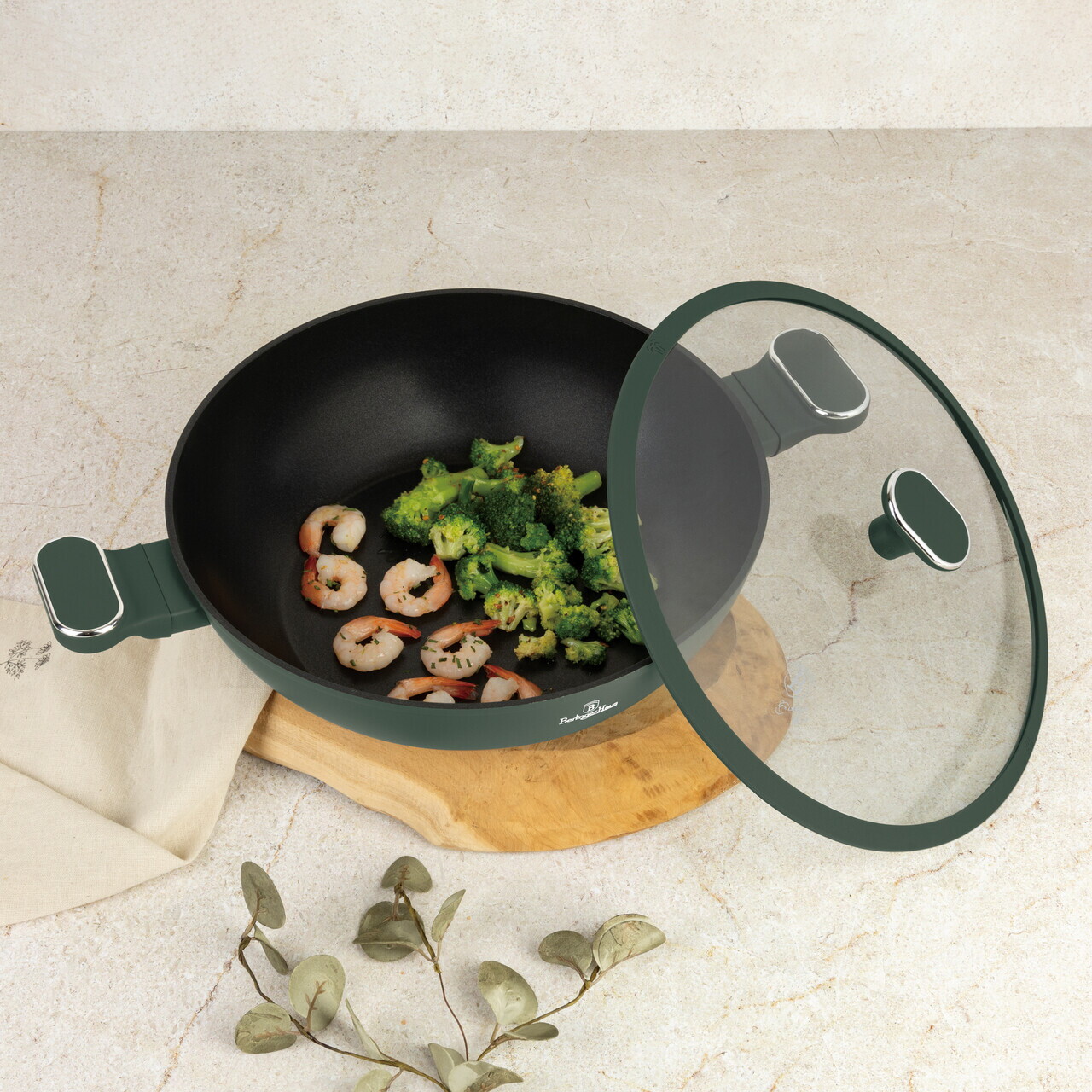Tigaie Wok cu capac Berlinger Haus, Matte Green, 30 cm, aluminiu forjat, verde mat - imagine 4