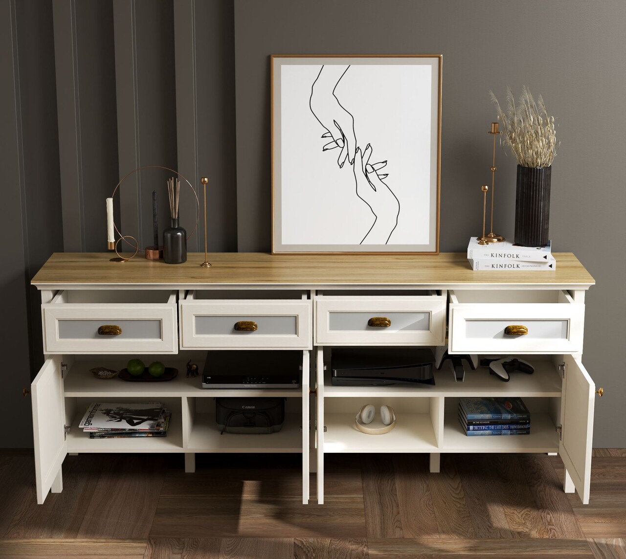 Consola, Hanah Home, FRN-21009, 200.4x82.1x44.2 cm, PAL, Crem / Stejar / Gri - view 3