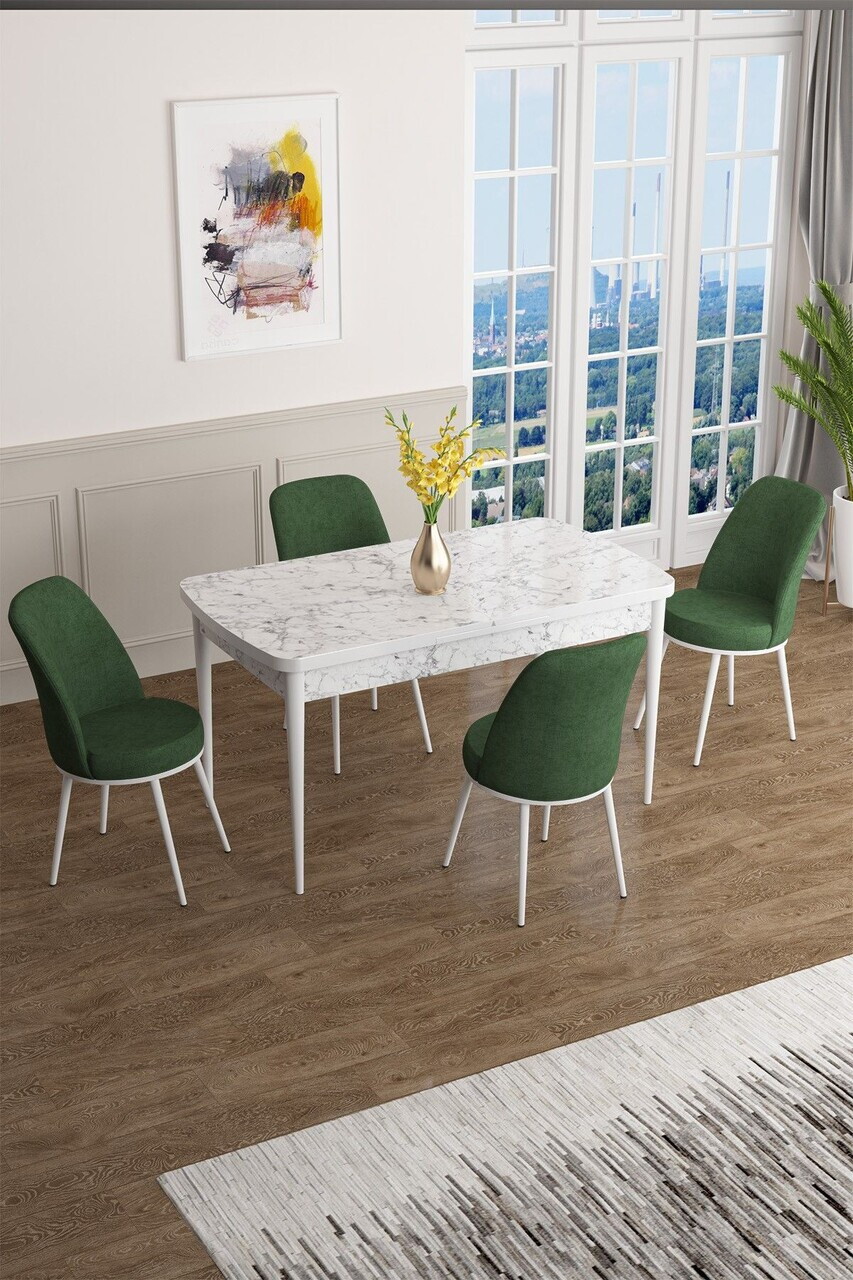 Set masa extensibila si scaune (5 piese), Hanah Home, Han, Model de marmură albă / Verde kaki