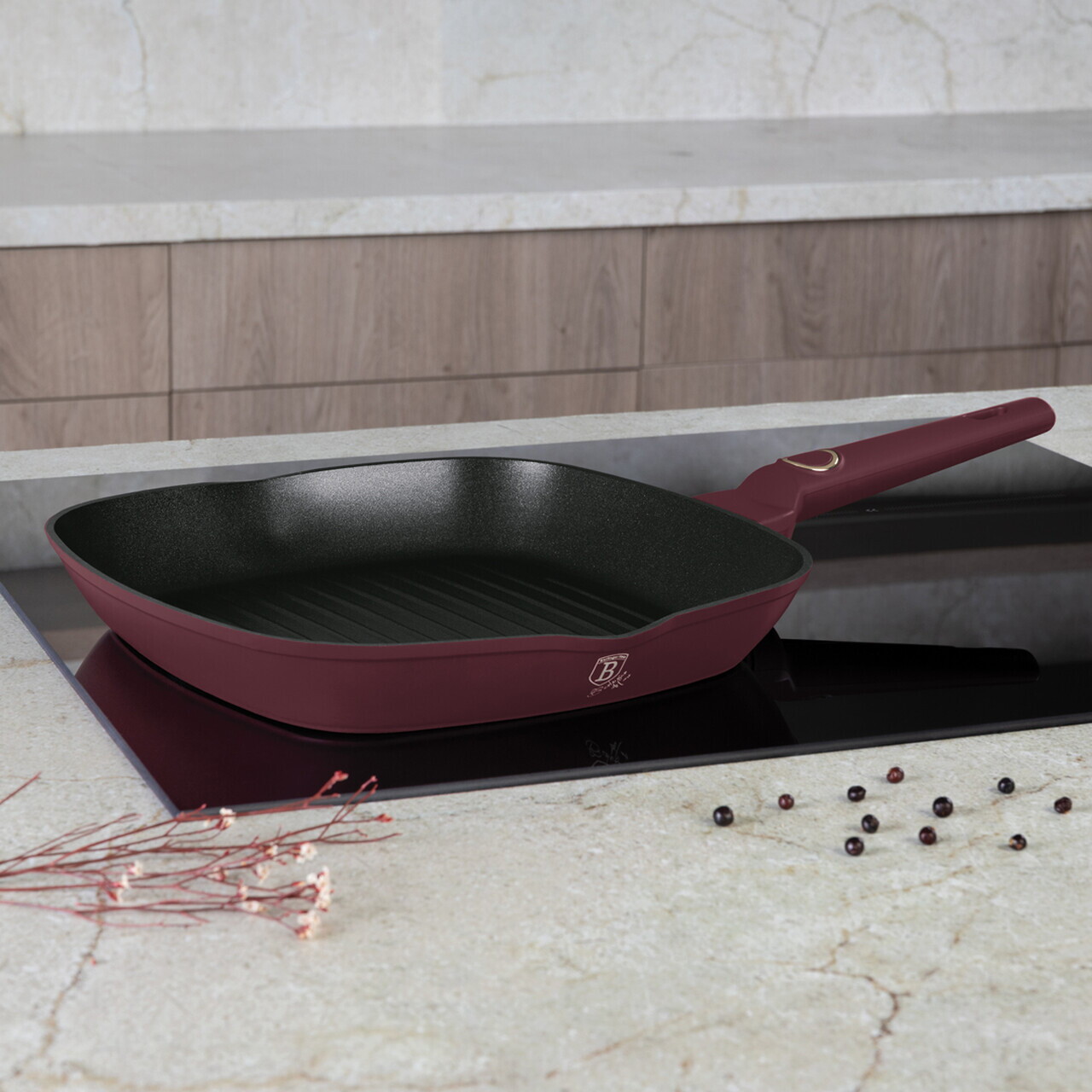 Tigaie grill Berlinger Haus, Leonardo, 28 cm, 2.1 L, aluminiu forjat, visiniu mat - imagine 3