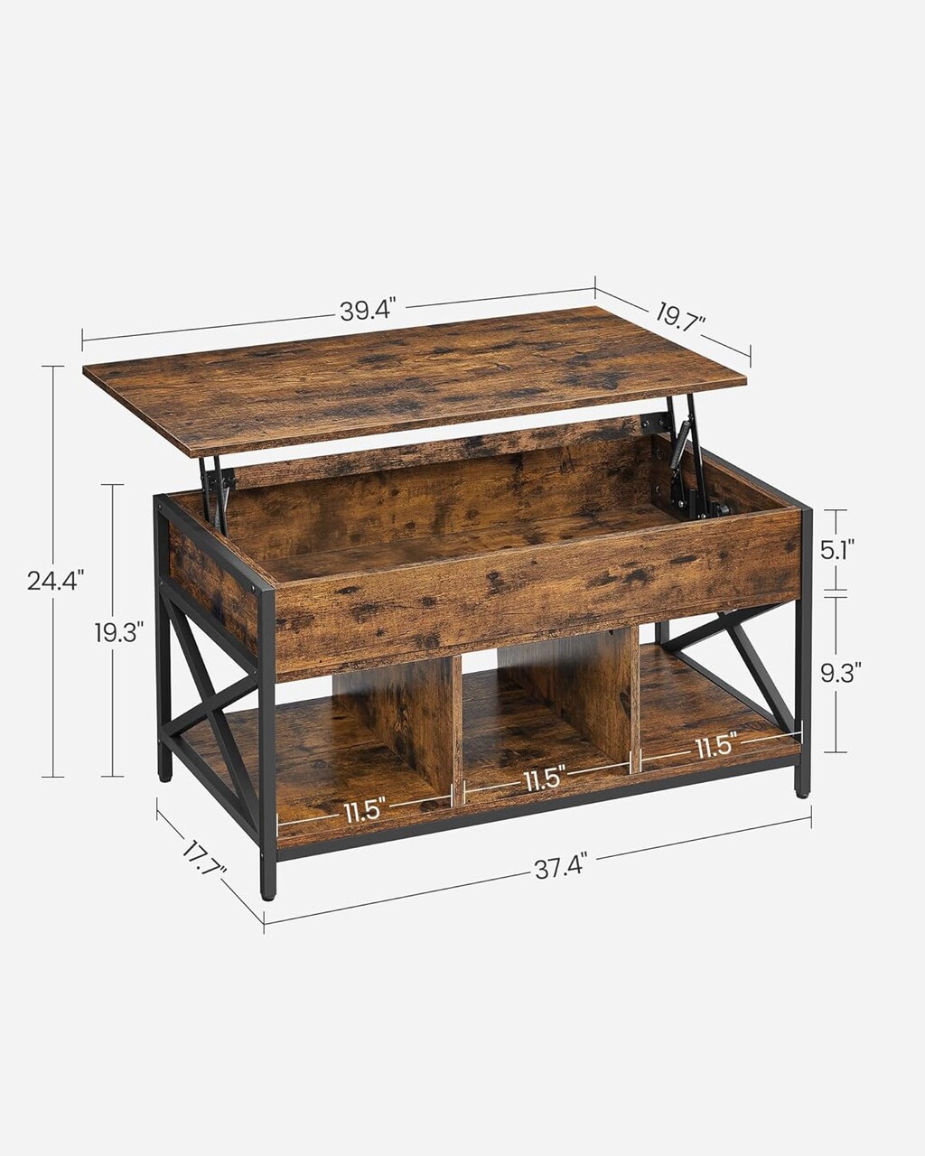 Masuta de cafea cu blat rabatabil, Vasagle Lift Top, 100x50x49-62 cm, PAL/otel, maro - 1 | YEO