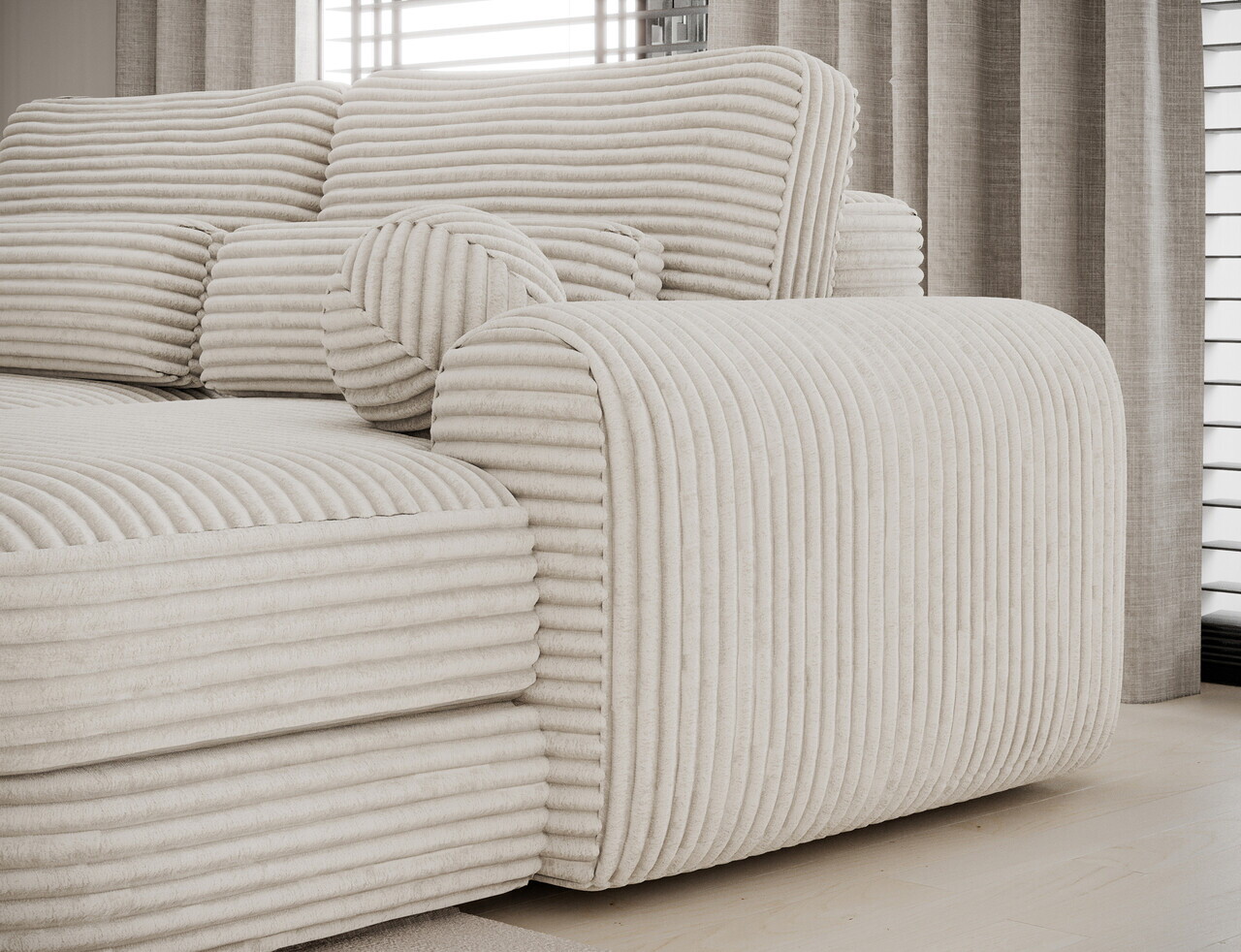 Coltar extensibil dreapta 3 locuri ELTAP, Ripeli, 217x175x96 cm, lemn/catifea din poliester, alb — imaginea 9