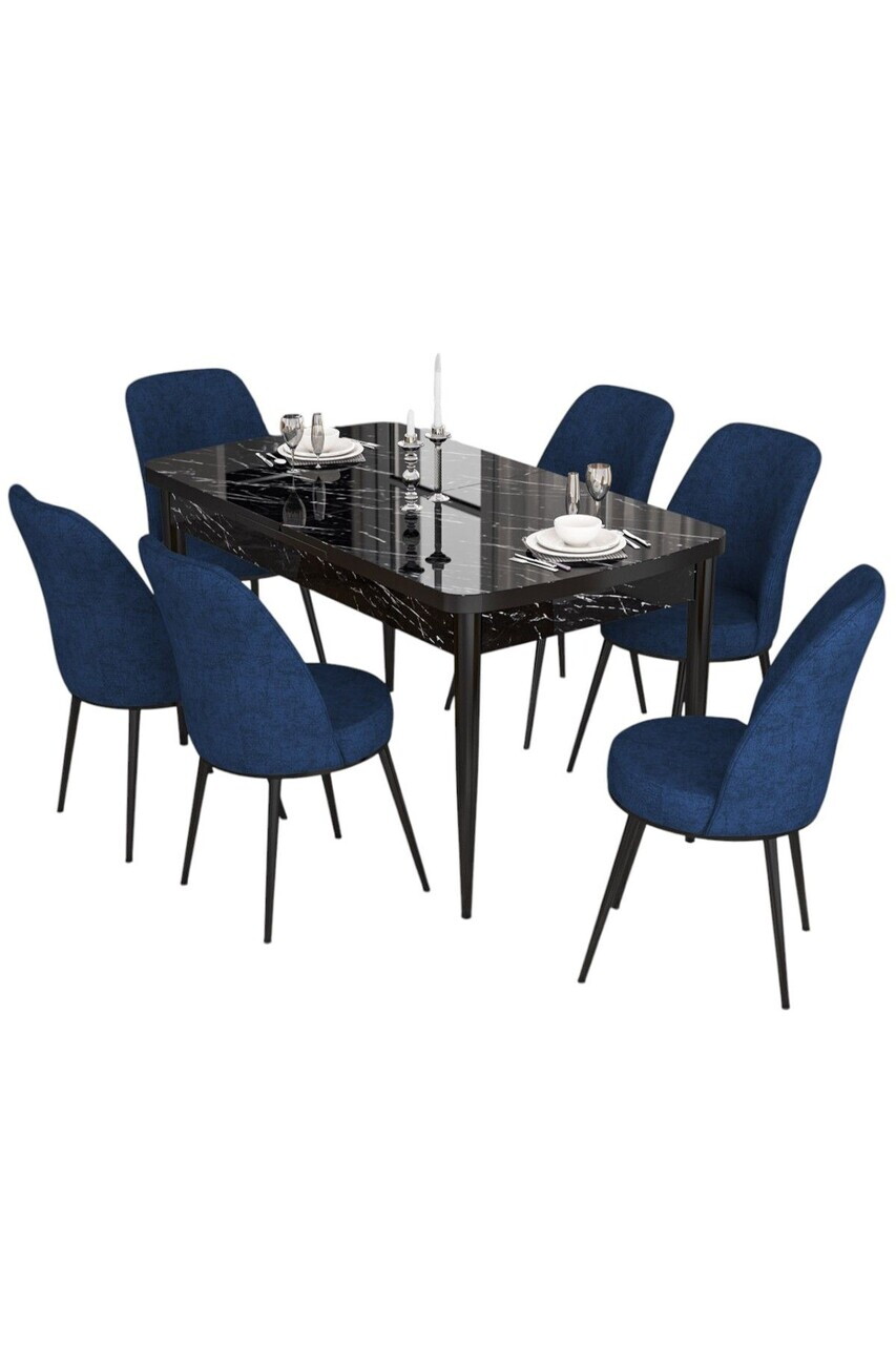 Set masa extensibila si scaune (7 piese), Hanah Home, Via, Model de marmură neagră / Bleumarin — imaginea 2