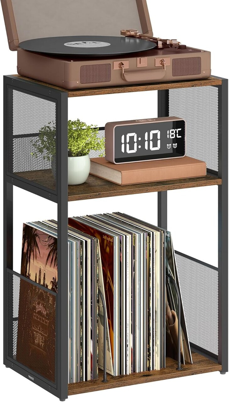 Suport pentru pick-up, Vasagle, spatiu depozitare pana la 100 discuri, 43x30x69 cm, maro rustic - imagine 2