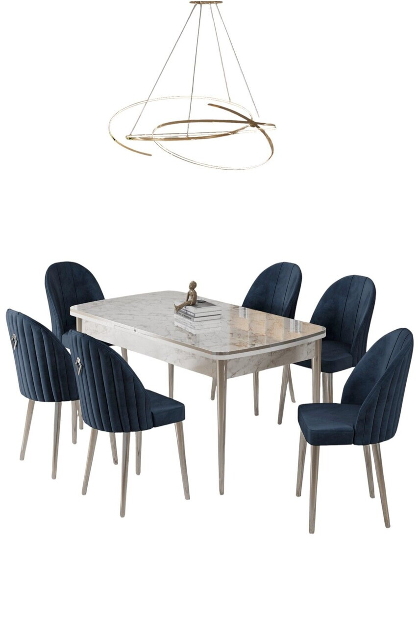 Set masa extensibila si scaune (7 piese), Hanah Home, Rada, Model de marmură albă / Crom / Antracit — imaginea 2