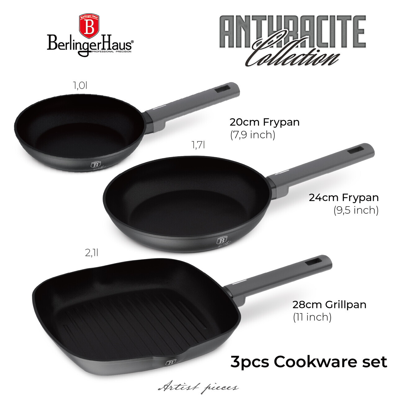 Set 3 tigai Berlinger Haus, Anthracite, 20/24/28 cm, aluminiu forjat, antracit mat - imagine 7