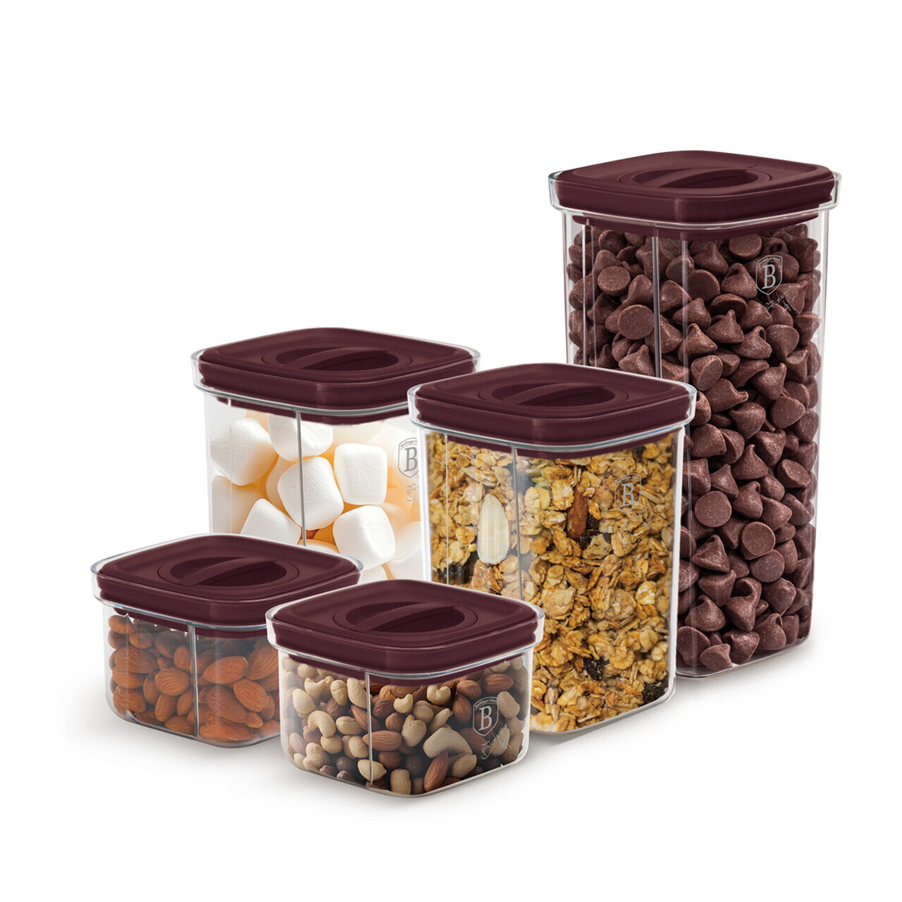 Set 5 recipiente depozitare Berlinger Haus, Leonardo, 460 ml / 1.1 L / 1.5 L, plastic, transparent/visiniu - imagine 8