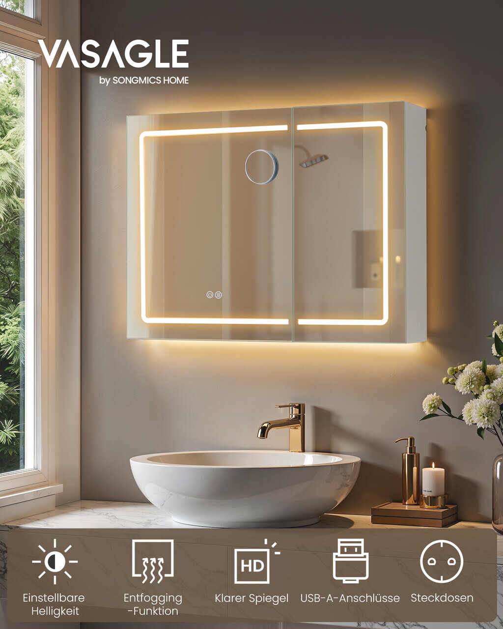 Dulap baie cu oglinda, Vasagle, iluminare LED, functie anti-aburire, prize, 80x16.5x75 cm, PAL/MDF, alb - imagine 2