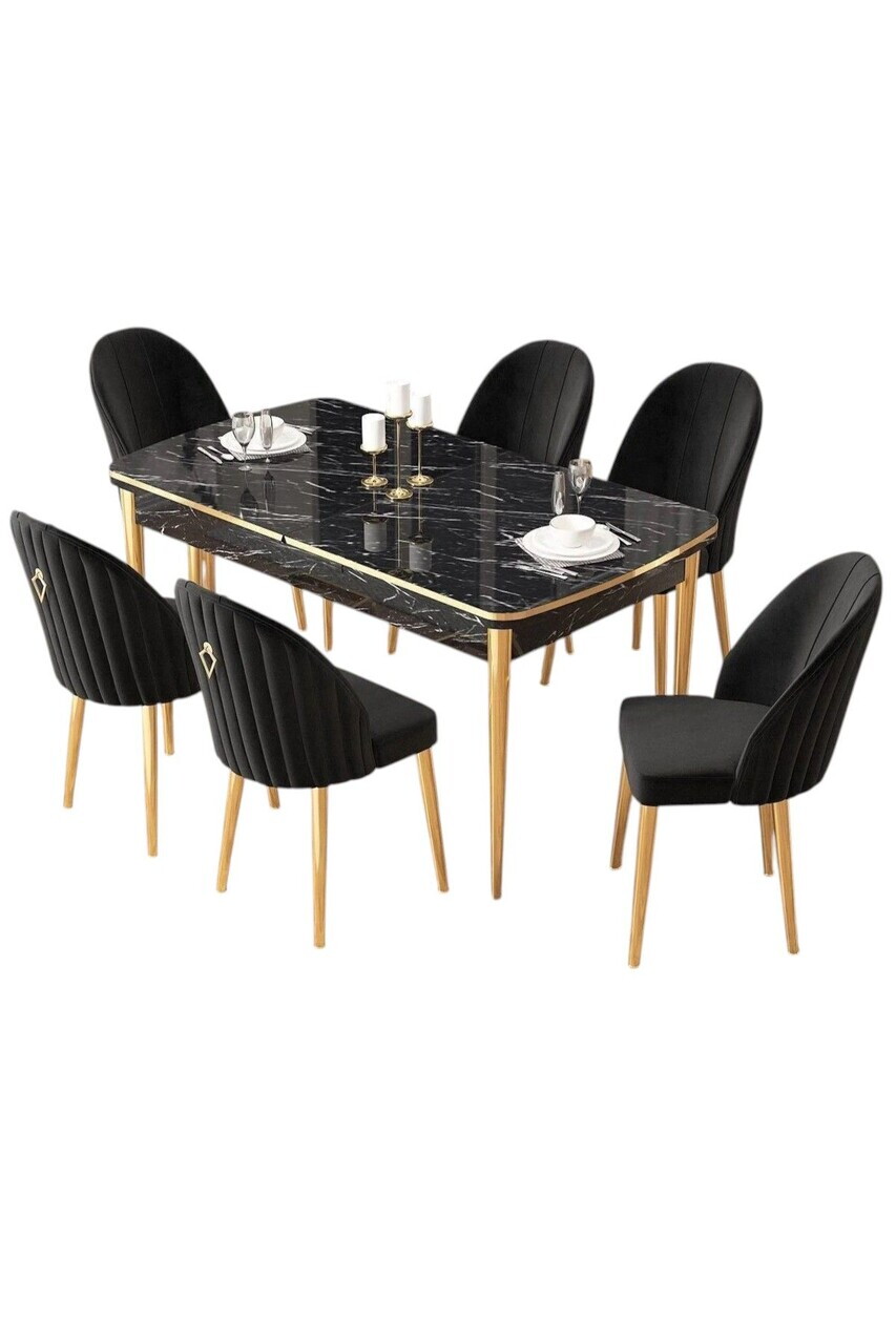 Set masa extensibila si scaune (7 piese), Hanah Home, Edaf, Model de marmură neagră / Auriu / Negru — imaginea 2