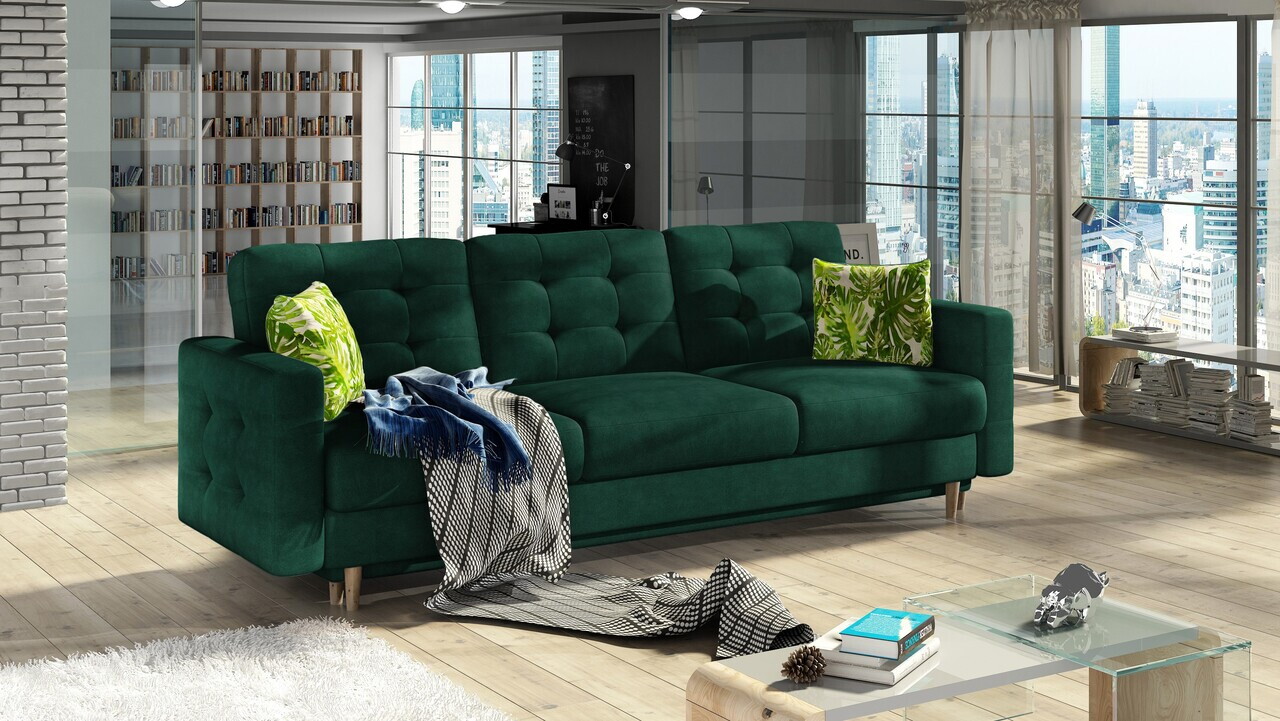Set canapea extensibila 3 locuri si fotoliu ELTAP, Asgard, 235x95x86 cm / 107x92x86 cm, lemn/poliester, verde inchis - view 2