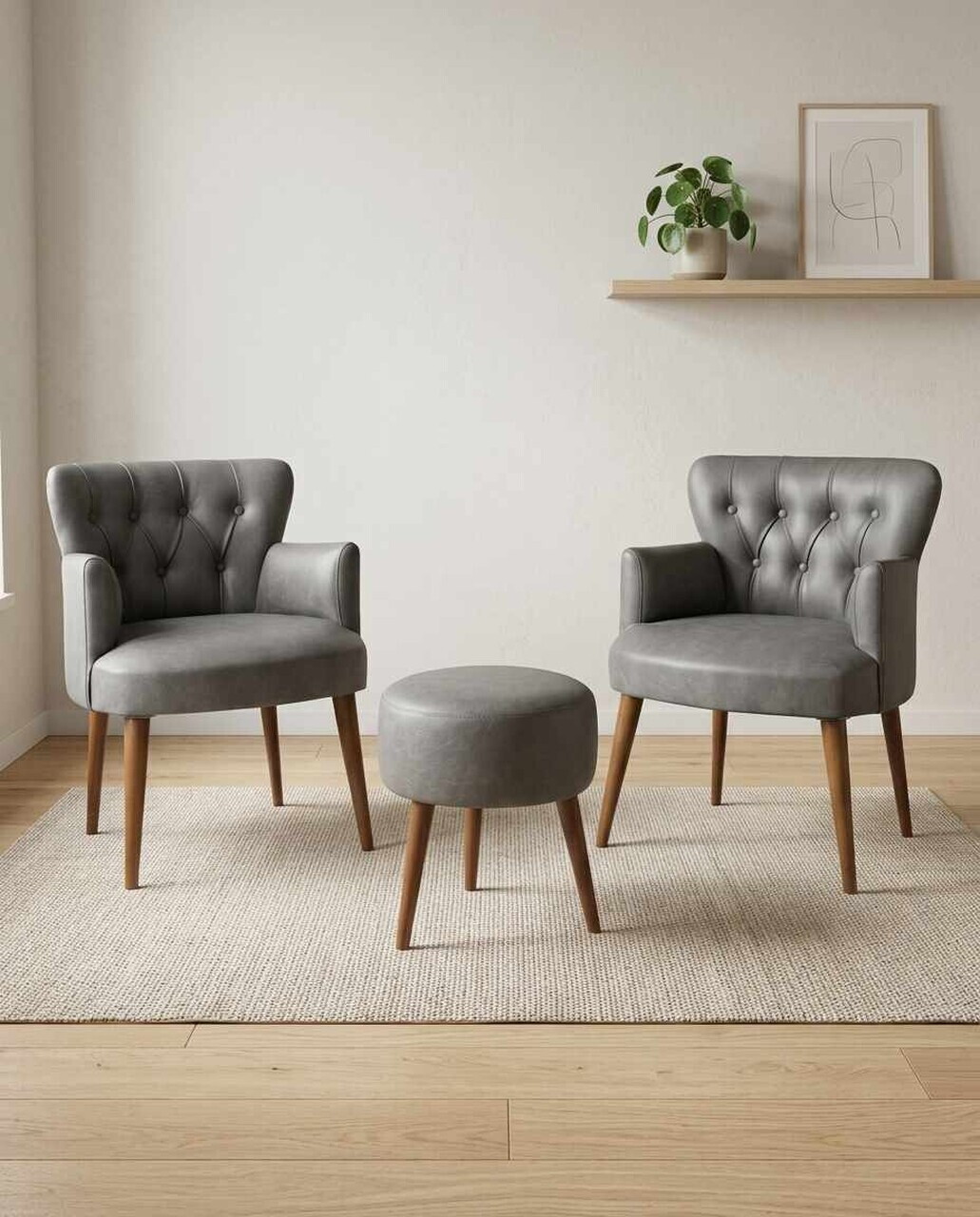 Set fotoliu cu aripioare și puf (3 piese), Atelier del Sofa, 281ELR1191, Gri