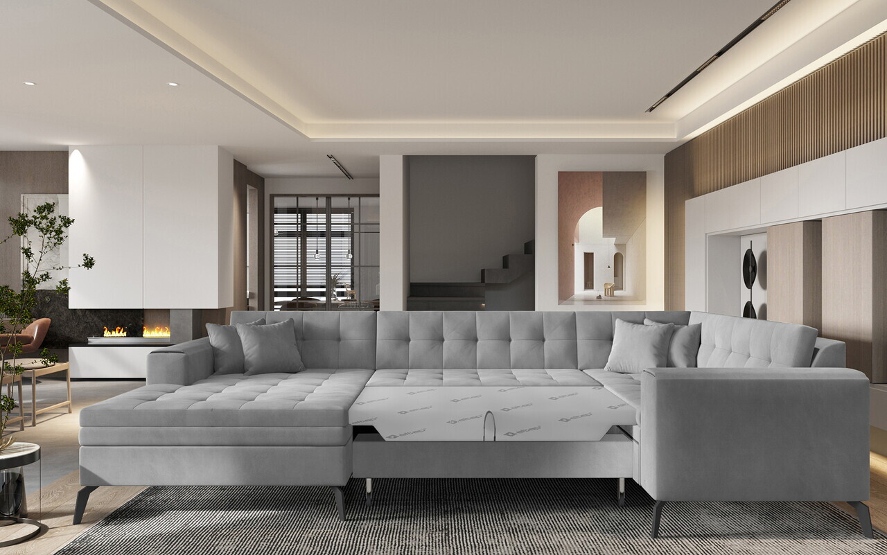 Coltar extensibil stanga 5 locuri ELTAP, MON-LT-03NU, Montez, 340x180x93 cm, lemn/poliester, gri deschis - view 2