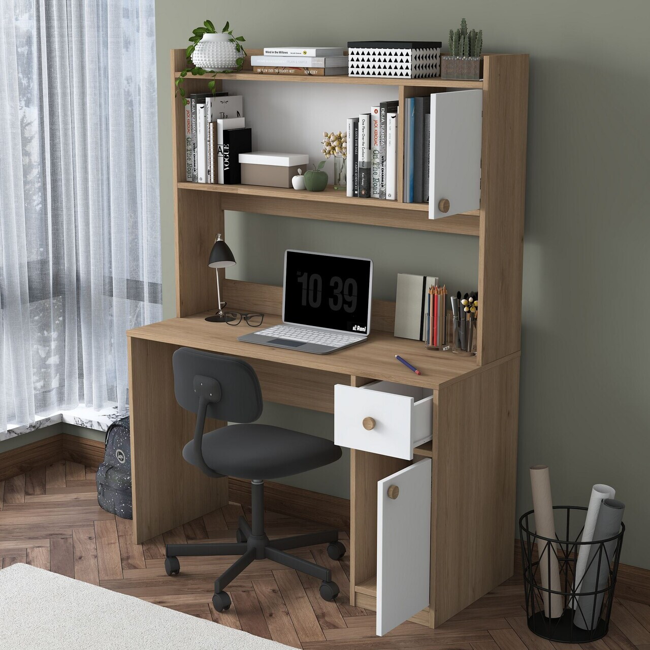Set birou si biblioteca, Hanah Home, HA127, 120x166x50 cm, PAL melaminat, Nuc/Alb - view 3