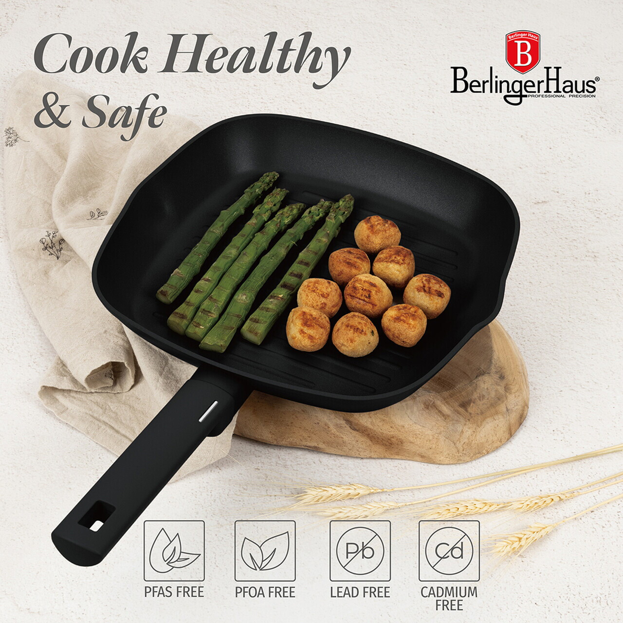 Tigaie grill Berlinger Haus, Matte Black, 28 cm, 2.1 L, aluminiu forjat, negru - imagine 8