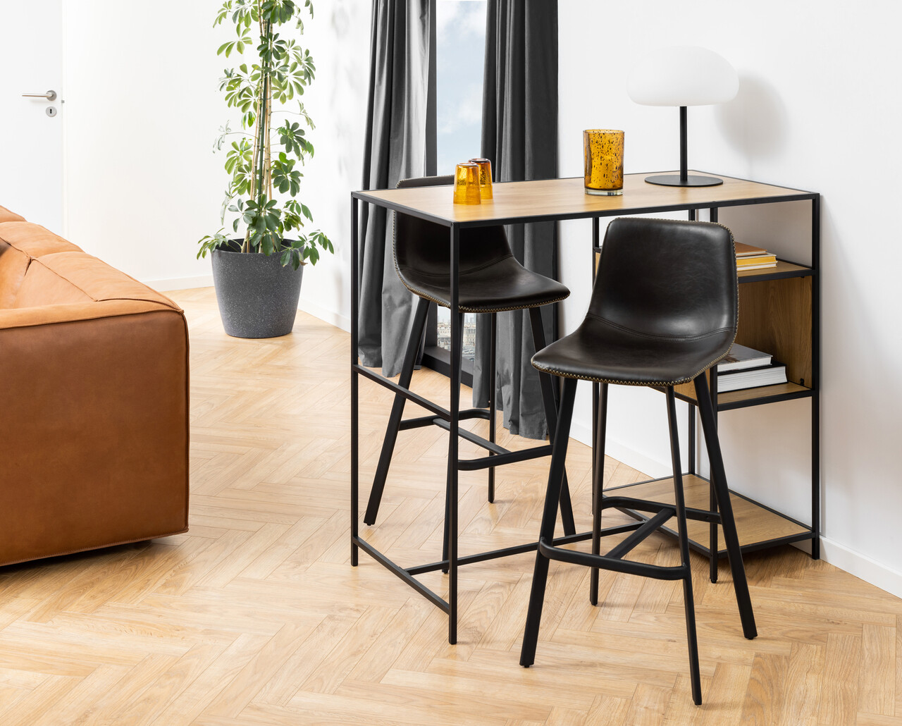 Scaun de bar Oregon, Actona, 46.5x50x103 cm, piele ecologica/otel, negru - view 6