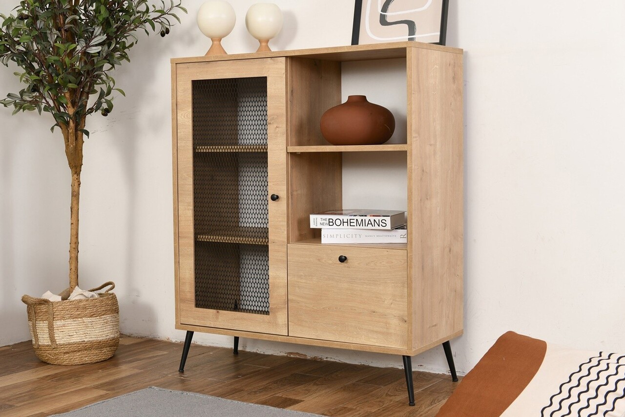 Dulap multifunctional, Wolina, Wire, 40x90x110 cm, 100% PLANCĂ DE PARTICULAȚI VOLTATE, Stejar - 1 | YEO