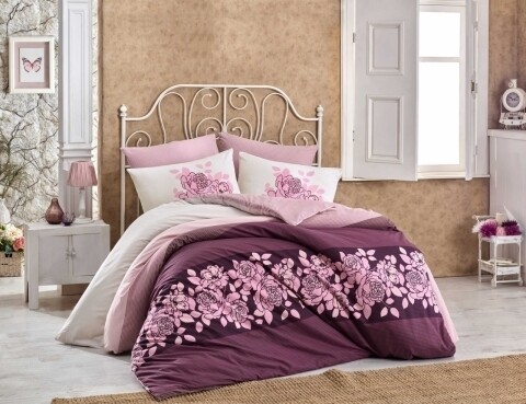 Lenjerie de pat pentru o persoana, 3 piese, 100% bumbac ranforce, Hobby, Martina Garnet, alb/roz