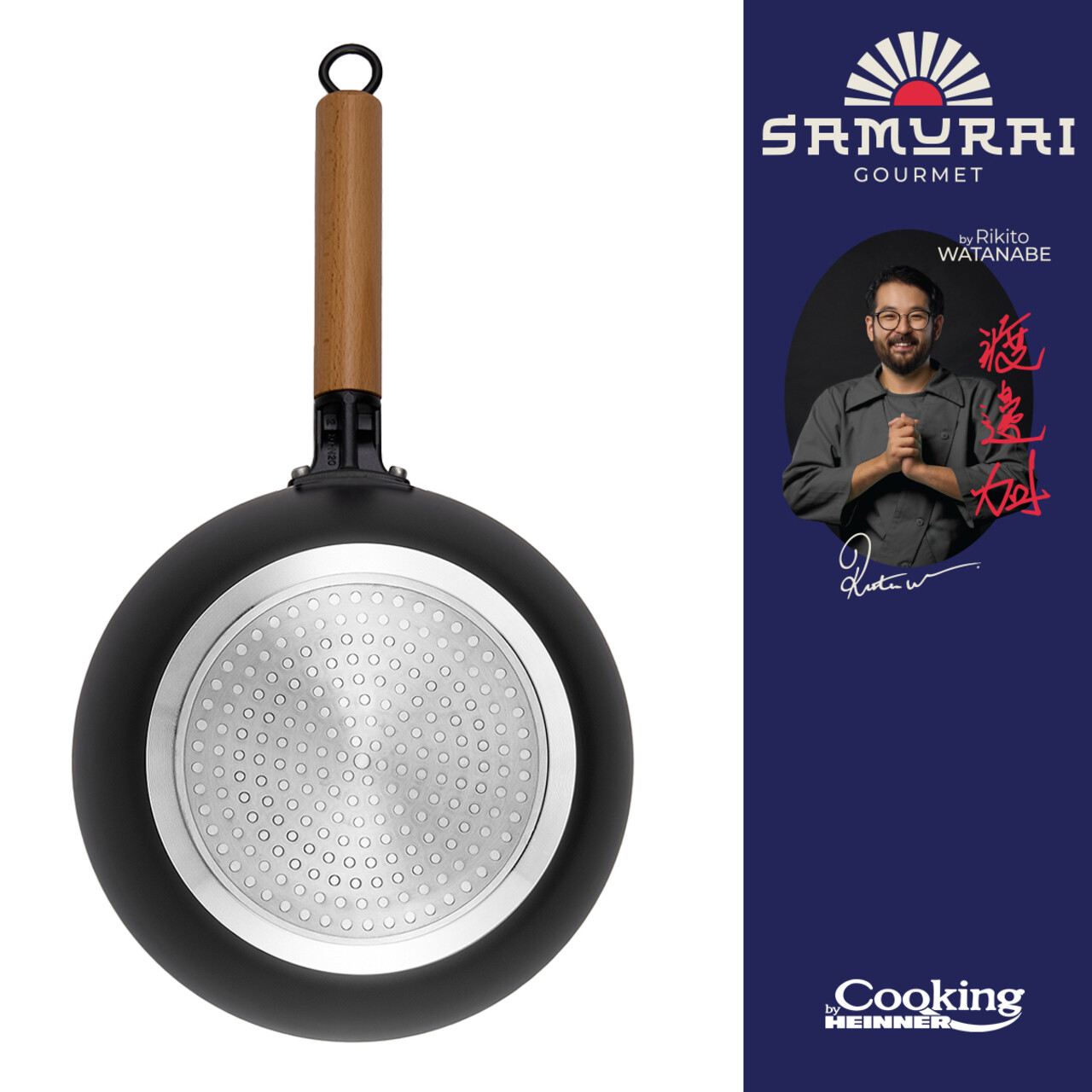 Tigaie Wok cu capac, Samurai Gourmet by Rikito Watanabe si Cooking by Heinner, 26x7.5 cm, aluminiu, negru/natur - 1 | YEO