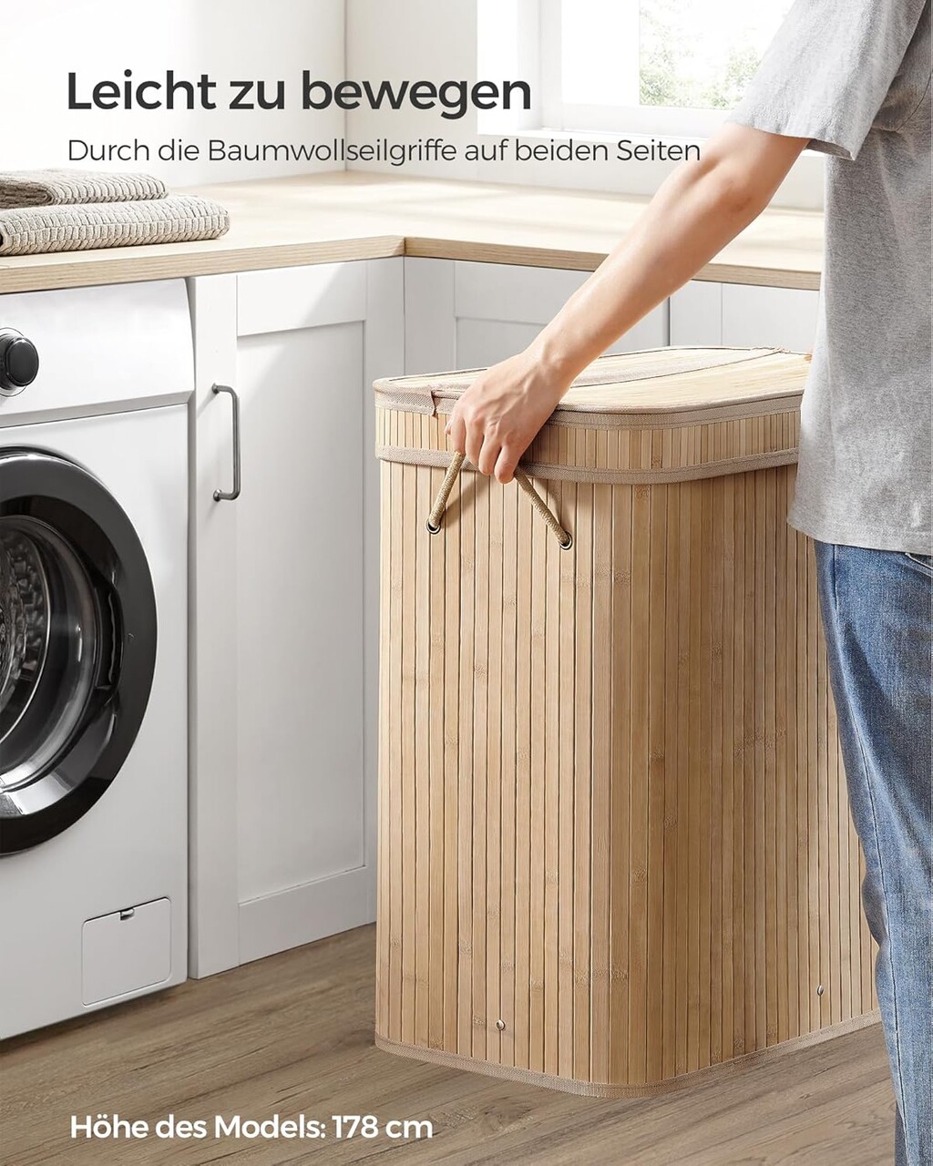 Cos de rufe Bamboo, Songmics, 54.5x34.5x61 cm, 100 L, bambus/MDF, bej - 2 | YEO