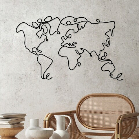 Decoratiune de perete, world map, metal, grosime: 2 mm, negru