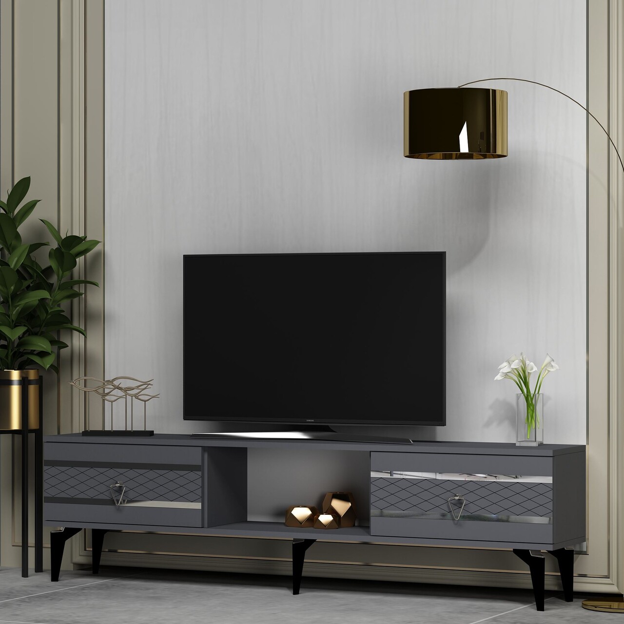 Comoda TV, Olivia, Pelin, Antracit / Argintiu - 1 | YEO