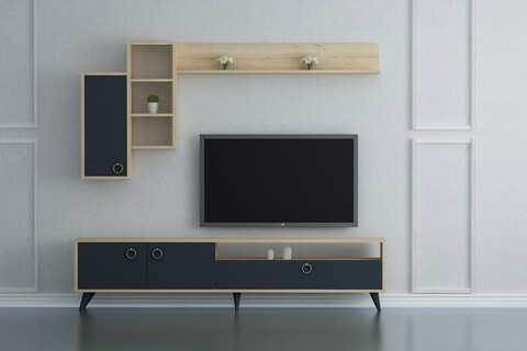 Comoda TV cu raft de perete Silver, Arnetti, 180 x 48.1 cm/175.4 x 86.5 cm, oak/antracit 180