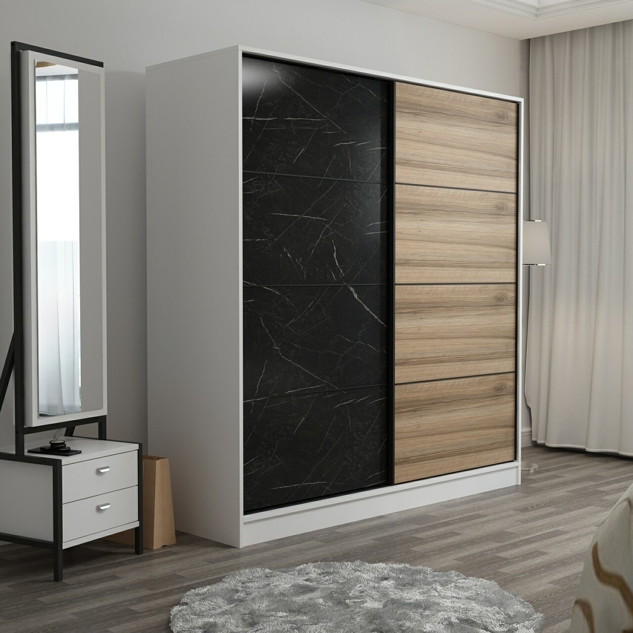 Dulap pentru haine, Minerva, Kale, 180x210x52 cm, PAL, Alb / Negru / Dore - 1 | YEO