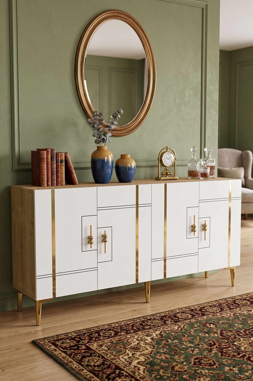 Consola, Hanah Home, Ilay 150, 150x75x32 cm, Stejar Safir / Alb / Auriu — imaginea 3