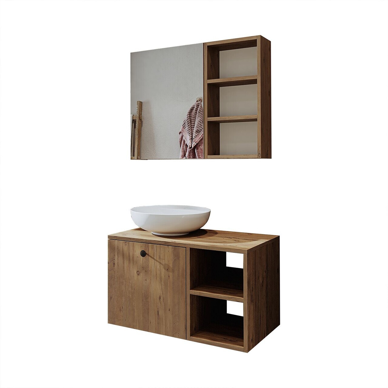 Set Dulap de Baie cu Chiuvetă și Oglindă (2 Piese), Hanah Home, 2484, MDF, Maro — imaginea 6