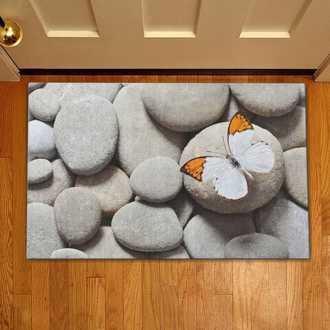 Covoras de intrare butterfly on the stone, casberg, 38x58 cm, poliester, gri/alb/portocaliu