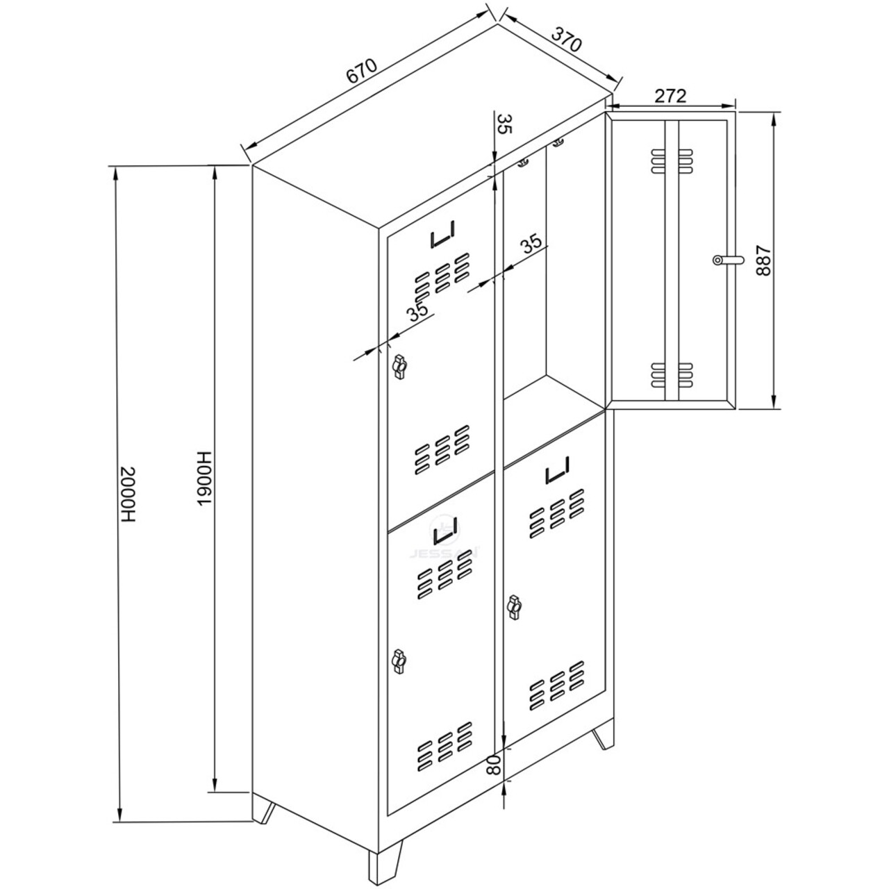 Dulap de depozitare cu incuietoare, Shelvoria, Js1026Sı, 67x200x37 cm, Otel, Gri/Negru